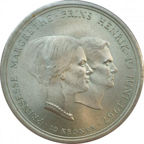 Дания 10 крон, 1967 г.(Свадьба Принцессы Маргрете) серебро