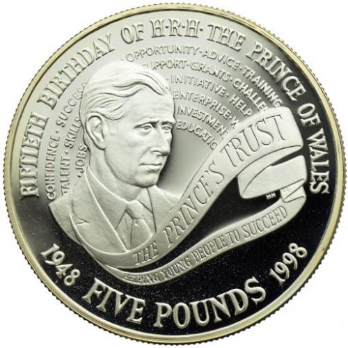 Монета 5 фунтов 1998 г.  50 лет принцу Чарльзу (серебро)
