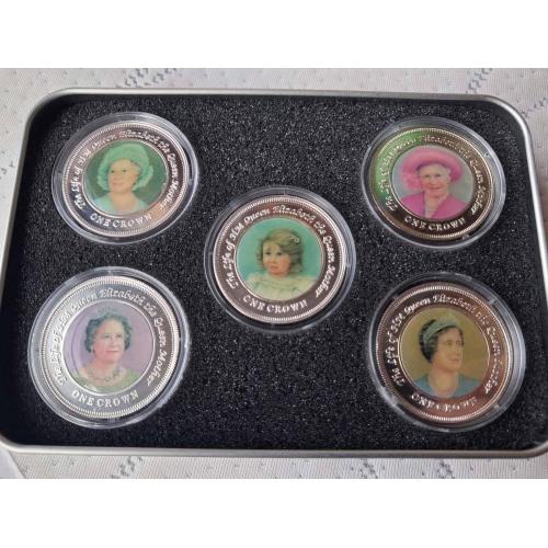 Тристан-да-Кунья 1 крона, 2005 Жизнь Королевы Елизаветы, королевы‑матери (Серебро)  пять монет.