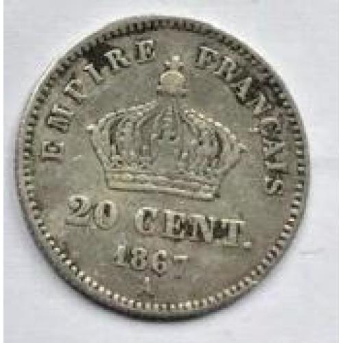 Уценка - (А-512) Серебро - Франция 20 сантимов 1867 г. (А)