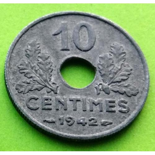 Цинк - Франция 10 сантимов 1942 г. (номинал вверху)
