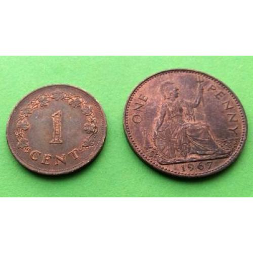 Две монеты - Мальта 1 цент 1982 г. (редкий год) + UNC Великобритания 1 пенни 1967 г.