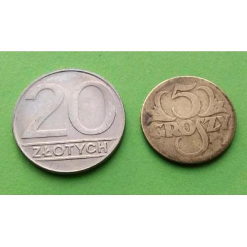 Две монеты - Польша 20 злотых 1989 г. и 5 грошей 1923 г. (латунь, редкая, один год выпуска)