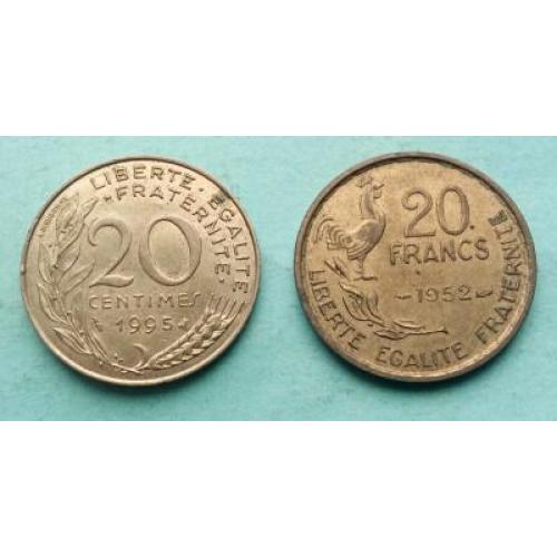Франция две монеты - 20 сантимов 1954 г. и 20 франков 1952 г.