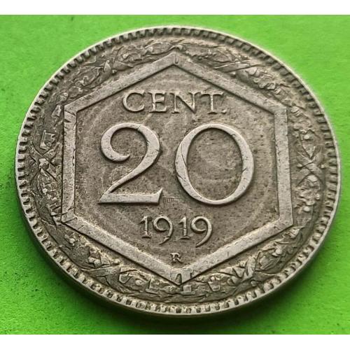 Италия 20 чентезимо 1919 г. (перечекан)