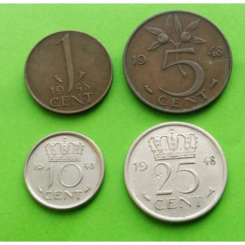 Комплект - Нидерланды 1+5+10+25 центов 1948 г. (только один год с таким портретом)