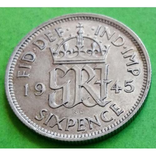 Красивая - Серебро 0.5000 - Великобритания 6 пенсов 1945 г. (Георг VI)
