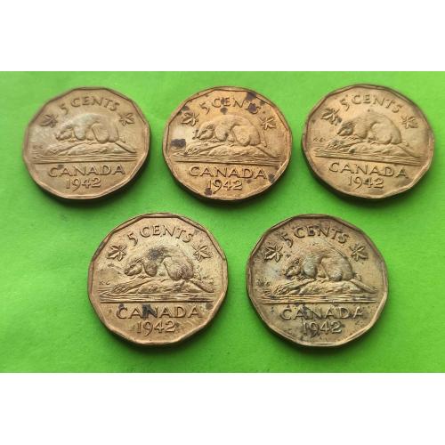 Кучка монет - Бронза - Канада 5 центов 1942 г. (один год выпуска в бронзе) - 5 штук
