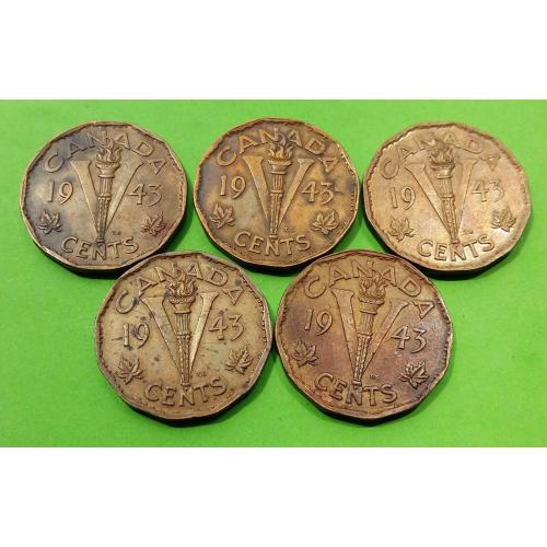Кучка монет - Бронза - Канада 5 центов 1943 г. (один год выпуска в бронзе) - 5 штук
