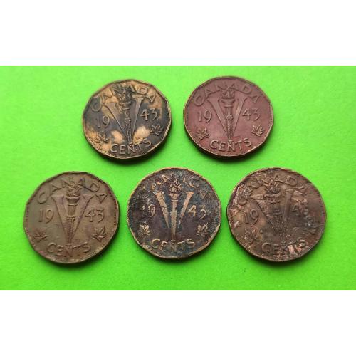 Кучка монет - Бронза - Канада 5 центов 1943 г. (один год выпуска в бронзе) - 5 штук