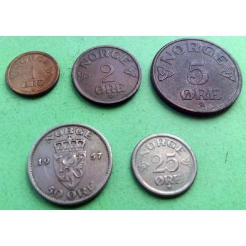 Набор из пяти монет Норвегии 1-2-5-25-50 эре образца 1952-1957 гг.