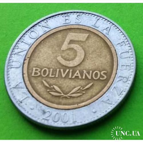 Нечастая - Боливия 5 боливиано 2001 г. - биметалл