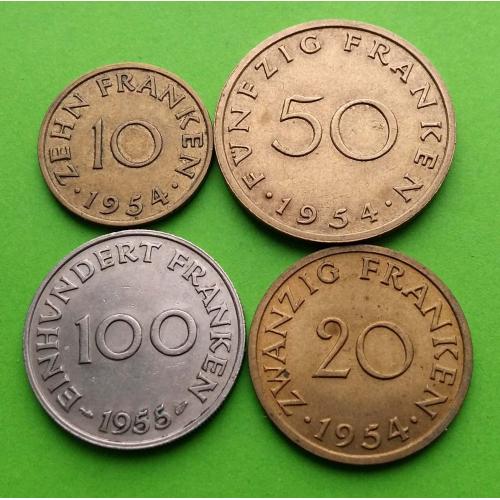 Саарленд набор 10-20-50-100 франков 1954-1955 гг. - все монеты в хорошем и отличном состоянии