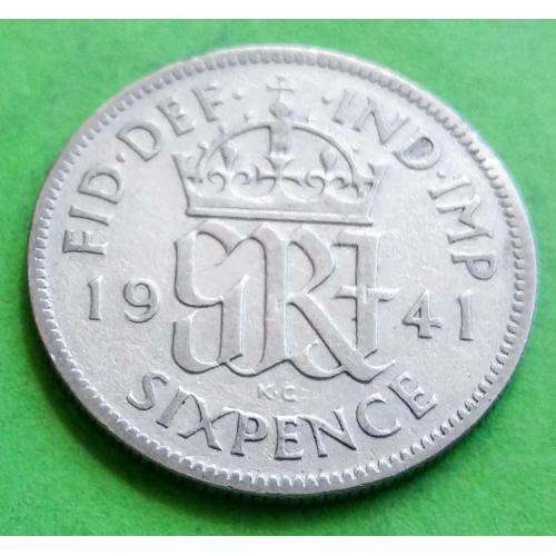 Серебро 0.5000 - Великобритания 6 пенсов 1941 г. (Георг VI)