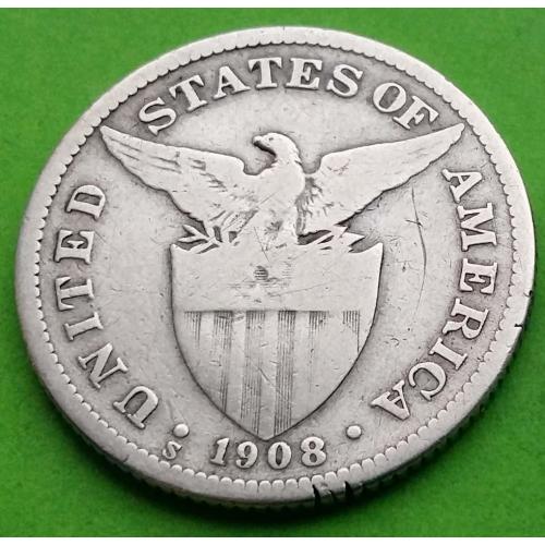 Серебро - Филиппины под США 50 сентаво 1908 г. - большой герб, редкая