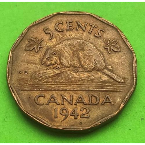 Томбак - Канада 5 центов 1942 г. (желтый бобер) - один год выпуска, редкая