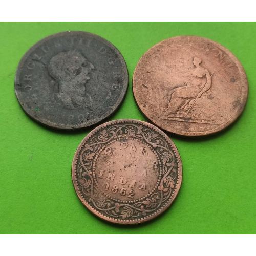 Три монеты одним лотом - две по полпенни 1806 г. (Георг III) и одна 1/4 анны 1862 г.