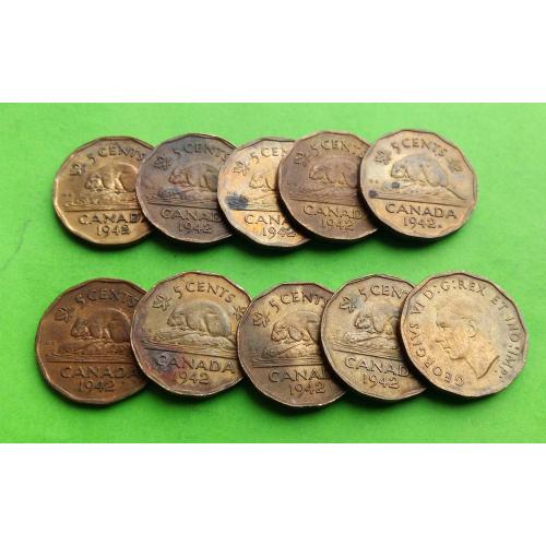 Уценка - кучка монет - Бронза - Канада 5 центов 1942 г. (один год выпуска в бронзе) - 10 штук