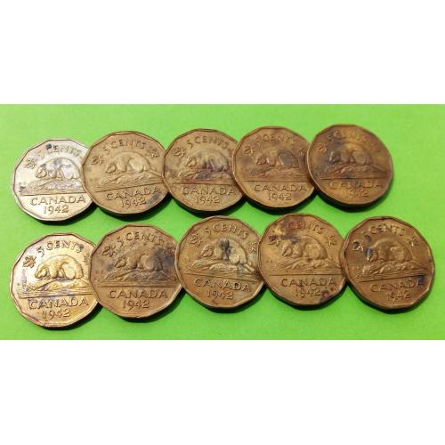 Кучка монет - Бронза - Канада 5 центов 1942 г. (один год выпуска в бронзе) - 10 штук
