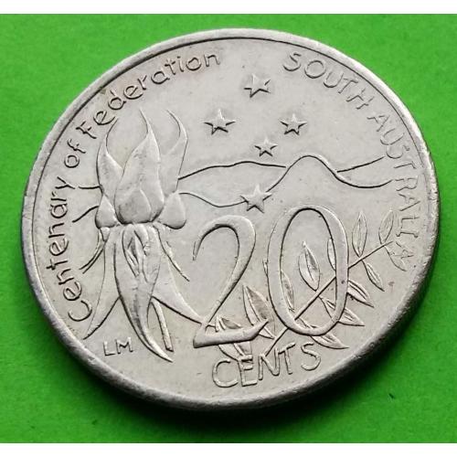 Юб. Австралия 20 центов 2001 г. (100-летие Федерации - цветок и Южный крест)