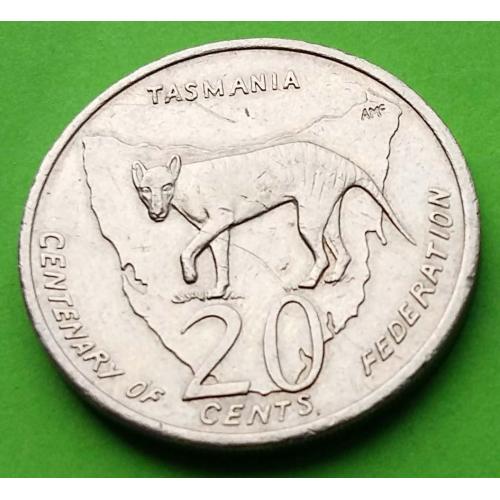 Юб. Австралия 20 центов 2001 г. (Столетие Федерации - тасманийский волк)
