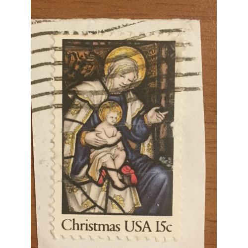 Марка США. Рождество. Дева Мария с сыном. 15 центов. На бумаге.