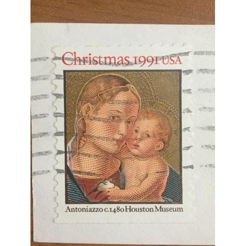 Марка США. Рождество. Дева Мария с сыном. 1991 год. Репродукция Антониаццо. На бумаге.