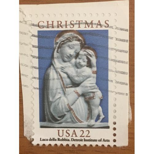 Марка США. Рождество. Дева Мария с сыном. 22 цента. На бумаге.
