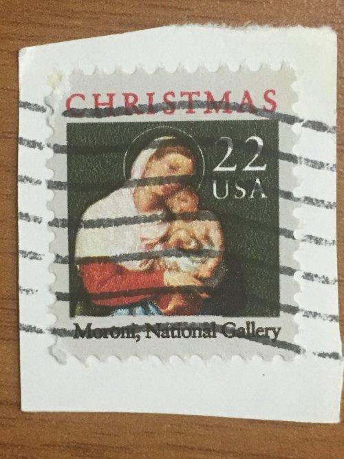 Марка США. Рождество. Дева Мария с сыном. 22 цента. Репродукция Морони.  На бумаге.