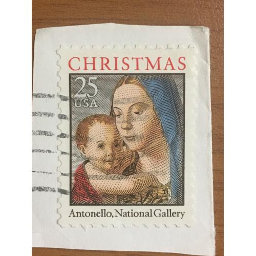 Марка США. Рождество. Дева Мария с сыном. 25 центов. Репродукция Антонелло. На бумаге.