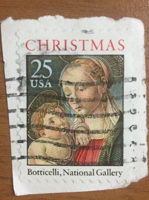 Марка США. Рождество. Дева Мария с сыном. 25 центов. Репродукция Ботичелли. На бумаге.