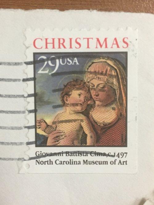 Марка США. Рождество. Дева Мария с сыном. 29 центов. Репродукция Дж. Баттиста.  На бумаге.