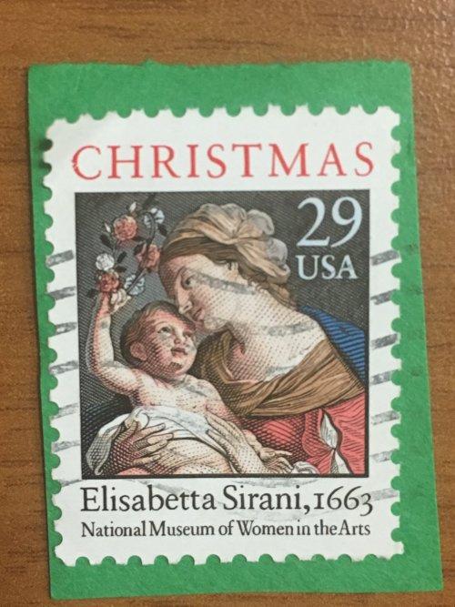 Марка США. Рождество. Дева Мария с сыном. 29 центов. Репродукция Э. Сирани, 1663.  На бумаге.