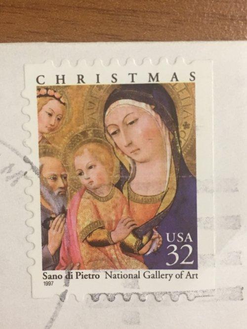 Марка США. Рождество. Дева Мария с сыном. 32 цента. Репродукция Сано ди Пиетро. 1997 г.  На бумаге.