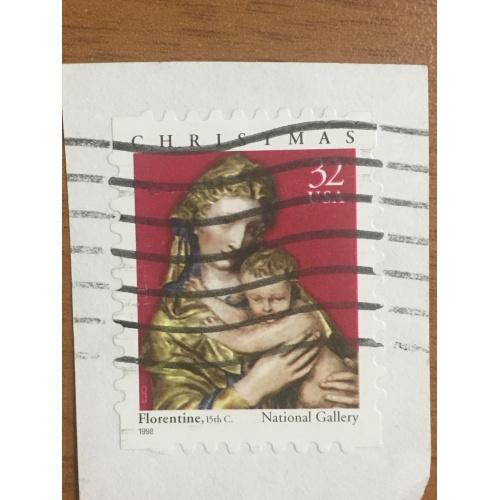 Марка США. Рождество. Дева Мария с сыном. 32 центов. Репродукция Флорентино. 1998 г. На бумаге.