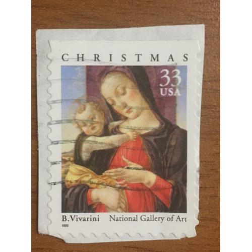 Марка США. Рождество. Дева Мария с сыном. 33 центов. Репродукция Виварини. 1991 год. На бумаге.