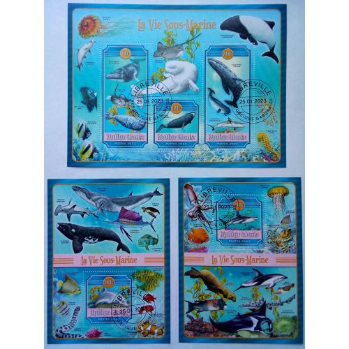 Габон 2023 Морские животные, киты, дельфины, фауна, 3 блока
