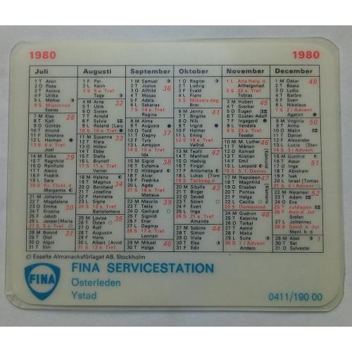 Календарь 1980 Fina Service, Истад, Швеция (пластик)