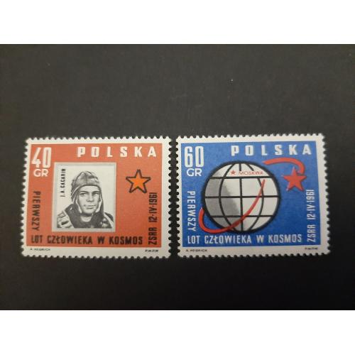 1961г.-Польша, Космос, 2 марки "Космос, Гагарин, Первый полет", негашеные, состояние коллекционное