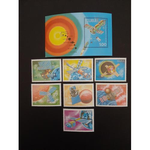 1988г.-Куба, Космос, Серия Блок + 7 марок, "День космонавтики", негашеные, состояние коллекционное