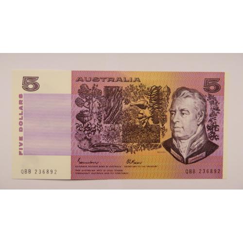 Австралія Банкнота 1985 р з серіальними номерами 5 доларів , бічна різьба, Johnston/Fraser R20 UNC
