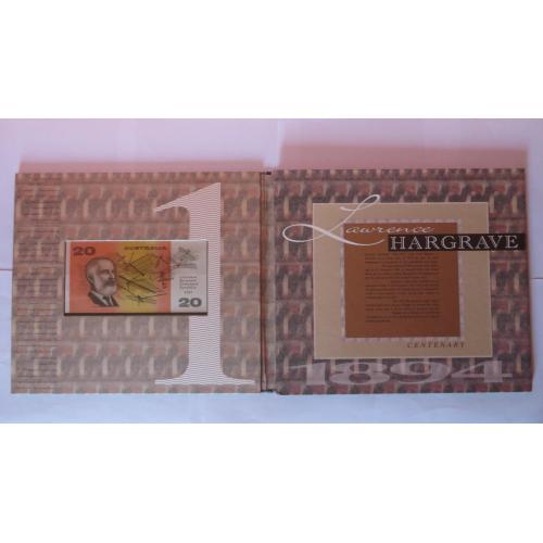 РІДКІСТЬ Австралія 1994р Набір 20$ банкнот і марок Делюкс Харгрейв чорний НАДДРУК UNC