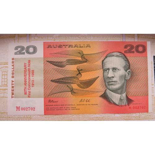 РІДКІСТЬ Банкнота 20 доларів Австралія 1993 року до 80-ї річниці, UNC, у папці Fraser/Cole НАДДРУК