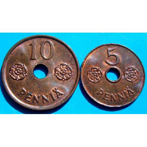 Финляндия 10 пенни и 5 пенни 1941. UNC/RED/BROWN. Сильнейшие. Очень редкие в штемпельном блескe.