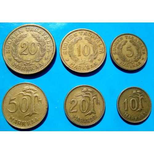 Финляндия 50, 20, 10, 5 марок (1931 - 1954). Полный набор. Отличные. Крупные красивые монеты.