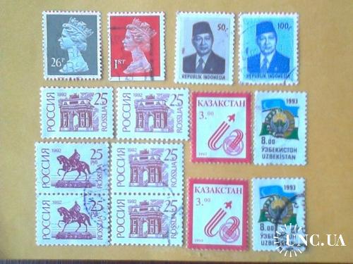 Россия 1992г Казакстан, Узбекистан, Индонезия Стандарт 5 марок негашеных 9 марок гашеные
