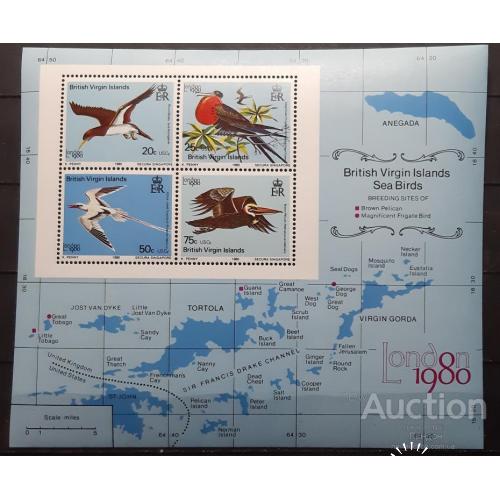 Британские Виргины 1980 фауна птицы филвыставка Лондон-80 марка связь карта блок ** о