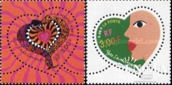 Франция 2000 День Св. Валентина сердце змеи рептилии фауна необычные марки ** о
