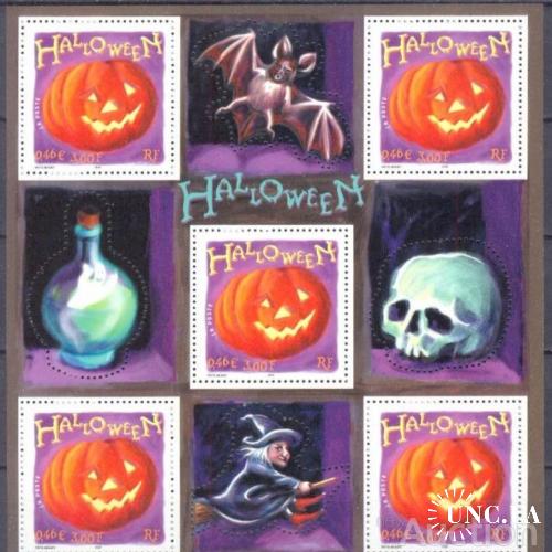 Франция 2001 Хеллоуин Hallowen сказки ведьма фауна летучие мыши привидения блок необычные марки ** о