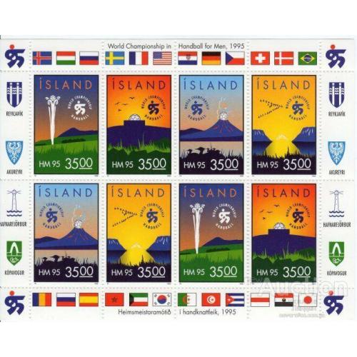 Исландия 1995 спорт гандбол ЧМ природа вулкан гейзер птицы фауна флаги блок ** о